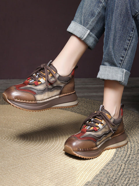 Women Retro Colorblock Leather Platform Shoes