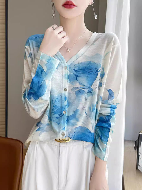 Women Spring Casual Flower V-Neck Shirt