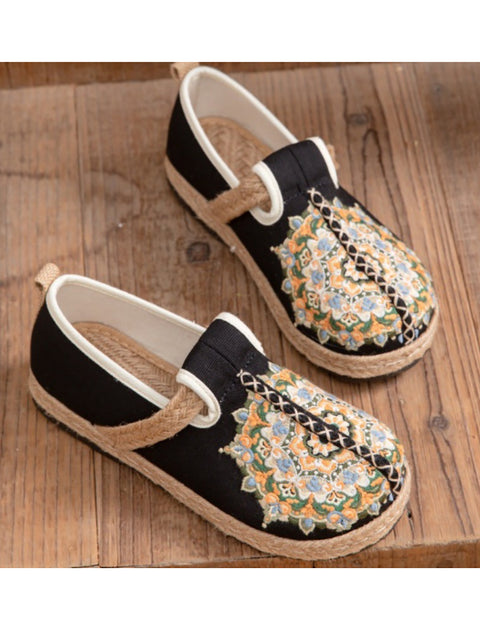 Women Ethnic Flower Embroidery Linen Flat Shoes