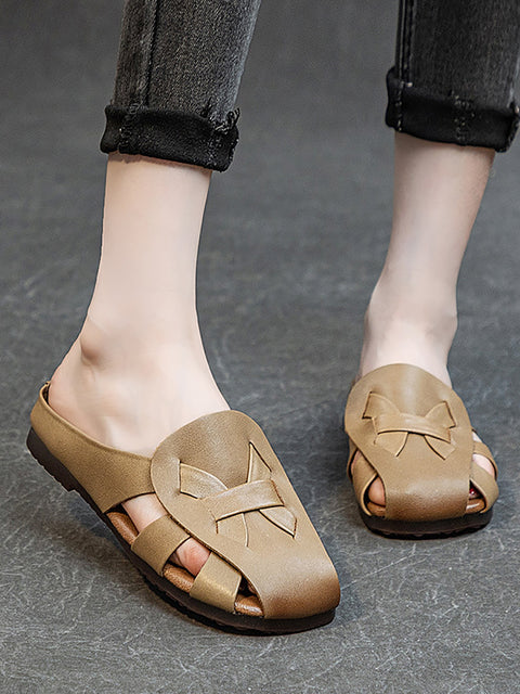 Women Vintage Genuine Leather Hollow Out Soft Slippers