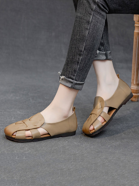 Women Summer Solid Vintage Leather Hollow Out Soft Shoes