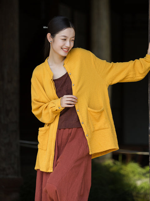 Women Vintage Autumn Solid Cotton O-Neck Shirt Coat