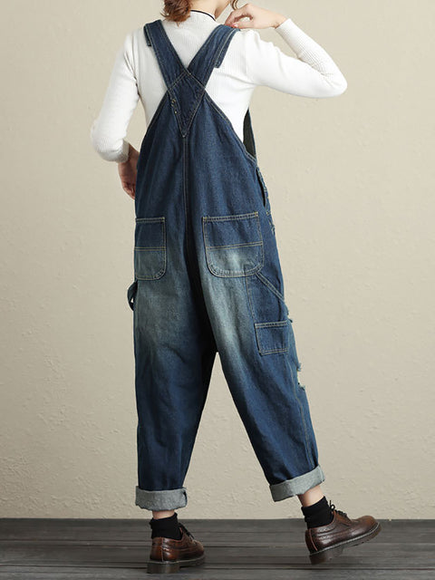 Women Summer Retro Frayed Pocket High-Waist Denim Jumpsuits