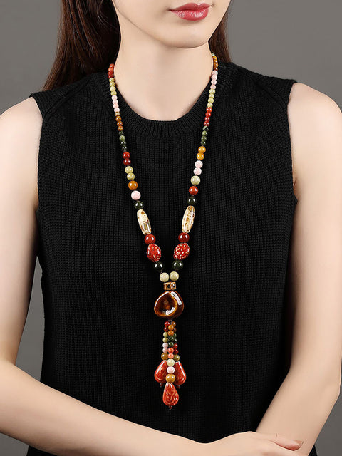 Women Ethnic Multicolor Bead Coloured Glaze Sweater Necklace