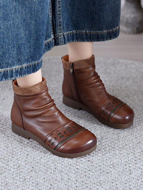 Women Vintage Leather Spliced Low Heel Ankle Boots