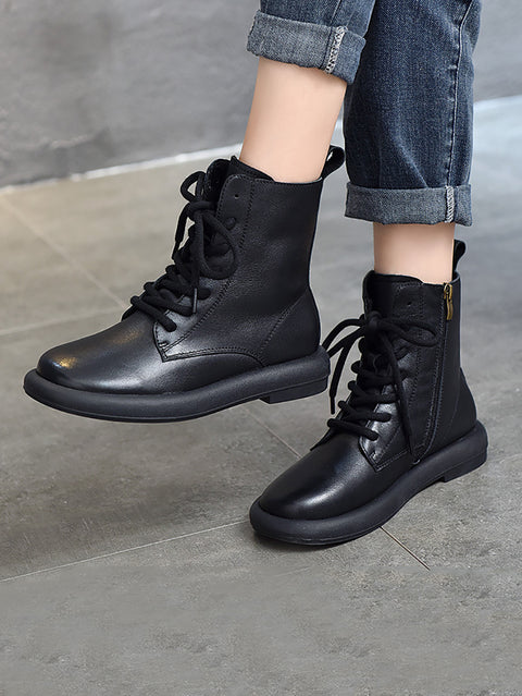 Women Genuine Leather Soft Zipper Mid Heel Martin Boots