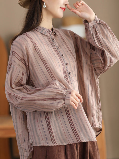 Women Spring Stripe Ramie Loose Linen Shirt