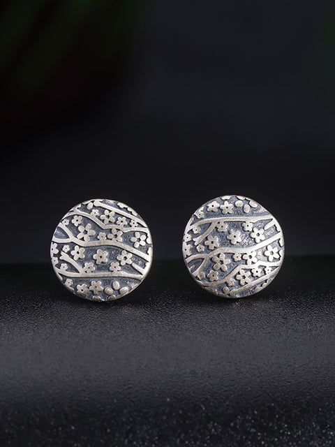 Women Vintage Sliver Flower Carve Round Earrings