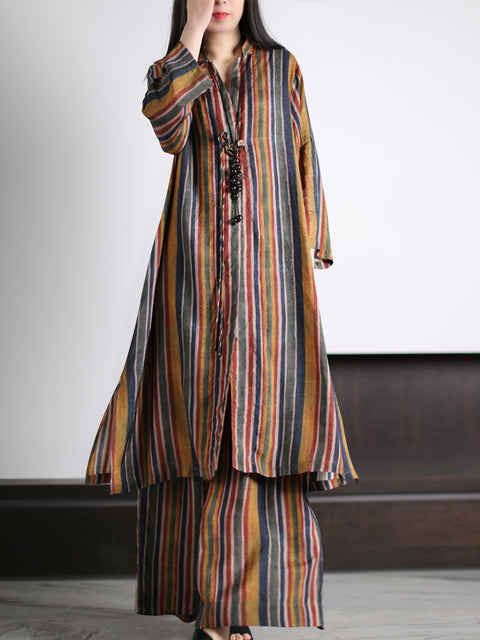 Plus Size Women Vintage Stripe Loose Long Shirt+Pants