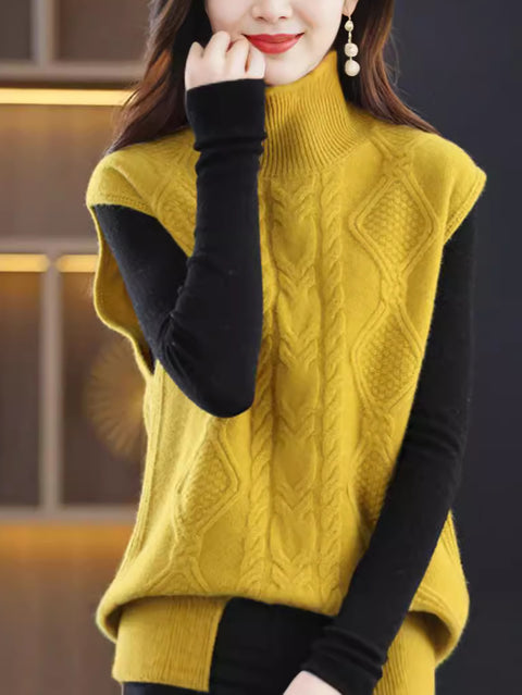 Women Casual Autumn Wool Turtleneck Twist Knit Vest