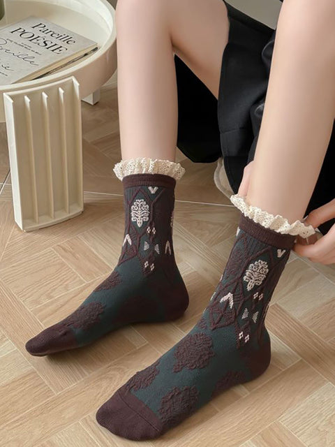 5 Pairs Women Autumn Artsy Flower JAcquard Cotton Socks