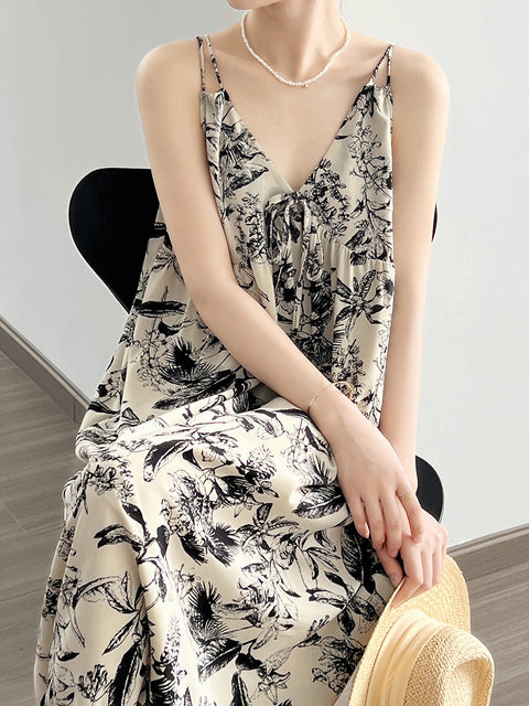 Women Summer Artsy Floral Ink-print Vest Dress