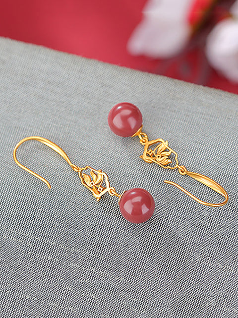 Women Vintage S925Sliver Red Bead Flower Earrings