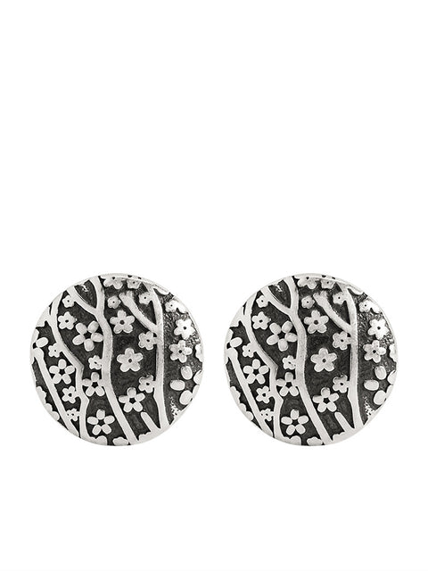 Women Vintage Sliver Flower Carve Round Earrings