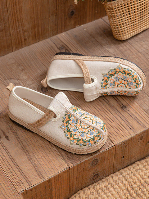 Women Ethnic Flower Embroidery Linen Flat Shoes