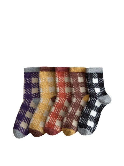 5 Pairs Women Winter Plaid Plush Socks