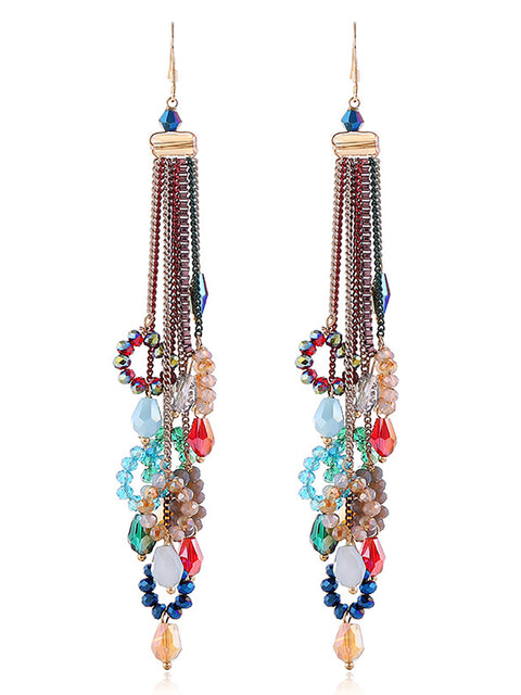 Women Vintage Bead Knitted Tasel Sliver Earrings