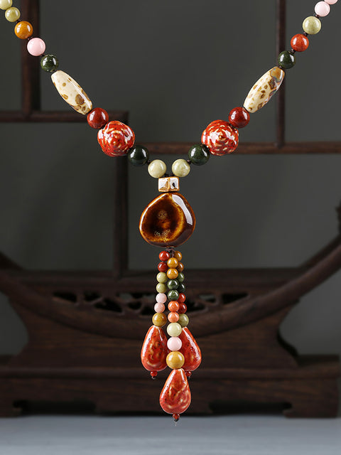 Women Ethnic Multicolor Bead Coloured Glaze Sweater Necklace