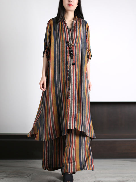 Plus Size Women Vintage Stripe Loose Long Shirt+Pants