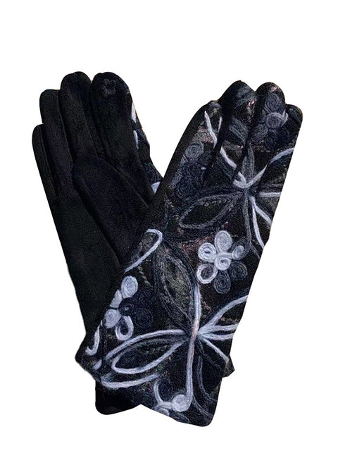 Women Ethnic Flower Embroidery Warm Cycling Gloves