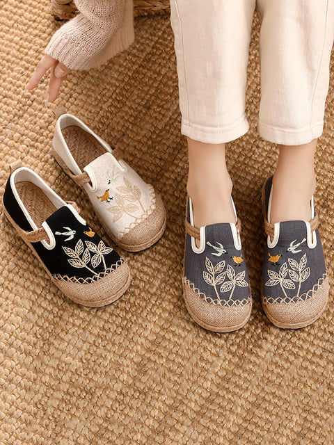 Women Ethnic Flower Embroidery Linen Cotton Shoes