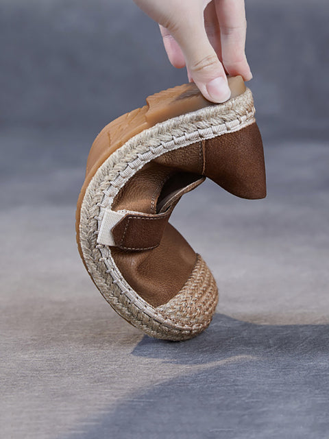 Women Summer Leather Linen Weave Spliced Flat Shoes