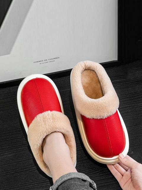 Couple Winter Fleece-lined Leather Slippers