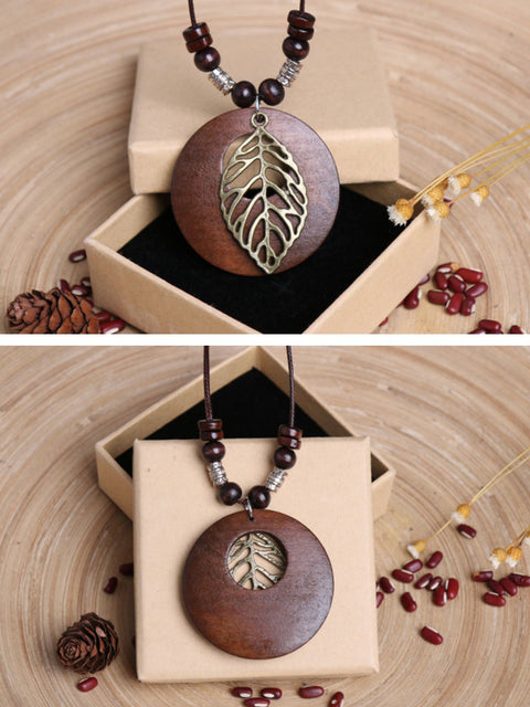 Vintage Alloy Leaf Wooden Pandent Necklace