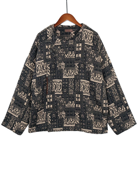 Women Retro Print Cotton Slant-Closure Coat