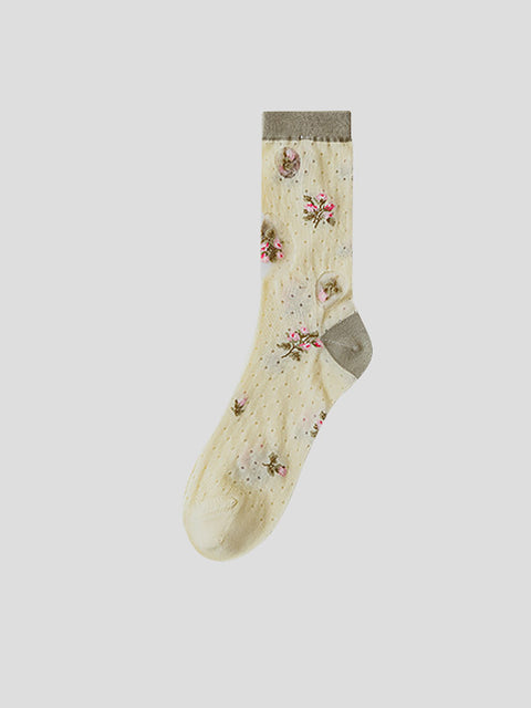 3 Pairs Summer Artsy Flower Jacquard Mid-calf Thin Socks