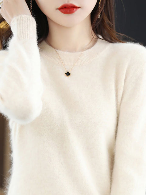 Women Autumn Casual O-Neck Soft 100%Wool Sweater