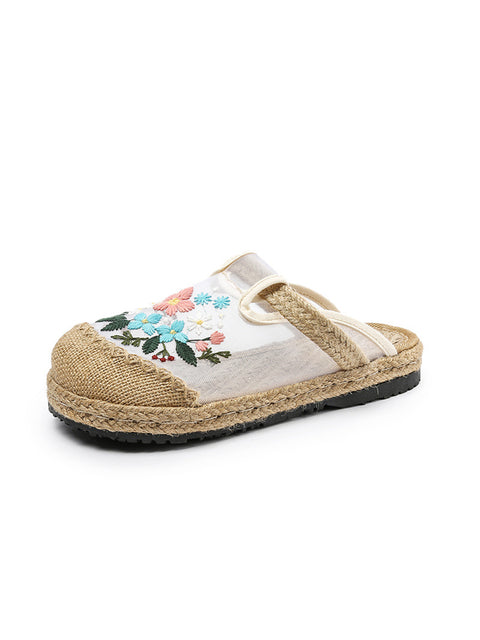 Women Summer Vintage Embroidery Linen Flat Shoes