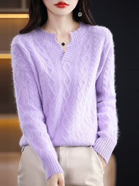 Women Autumn V-Neck Wool Twist Knit Sweater