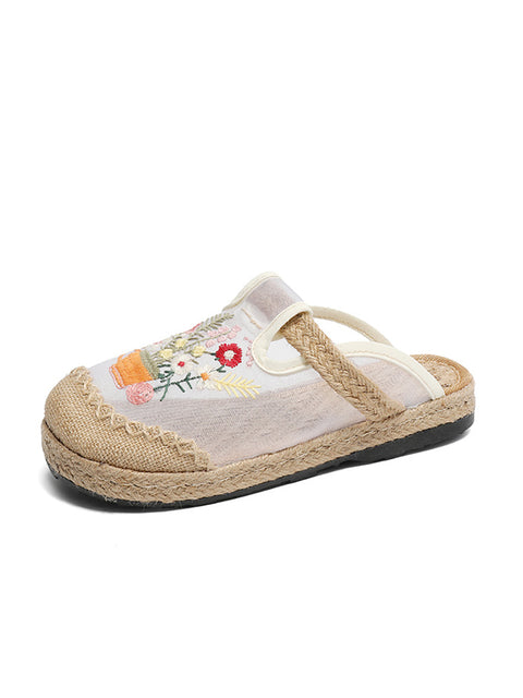 Women Summer Flower Embroidery Linen Spliced Shoes