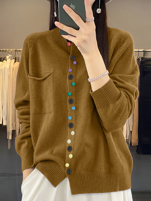 Women Autumn Wool O-Neck Pure Color Knit Sweater