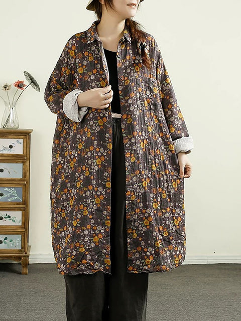 Women Vintage Autumn Flower Button-up Thin Coat