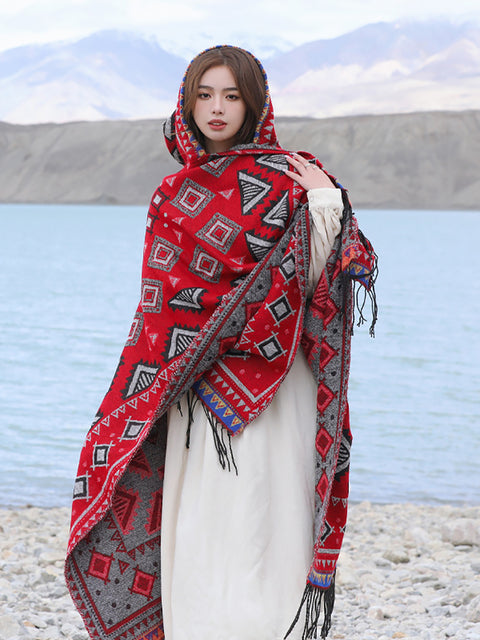 Women Bohemia Warm Rhomboids Tassel Hooded Shawl