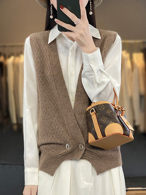 Women Casual Wool Solid V-Neck Irregular Hem Knit Vest