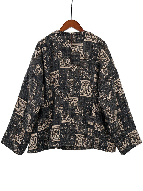 Women Retro Print Cotton Slant-Closure Coat