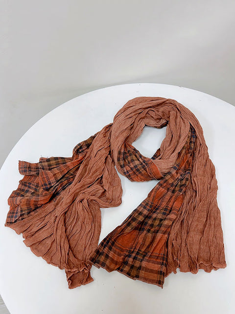 Women Vintage Plaid Spliced Cotton Scarf