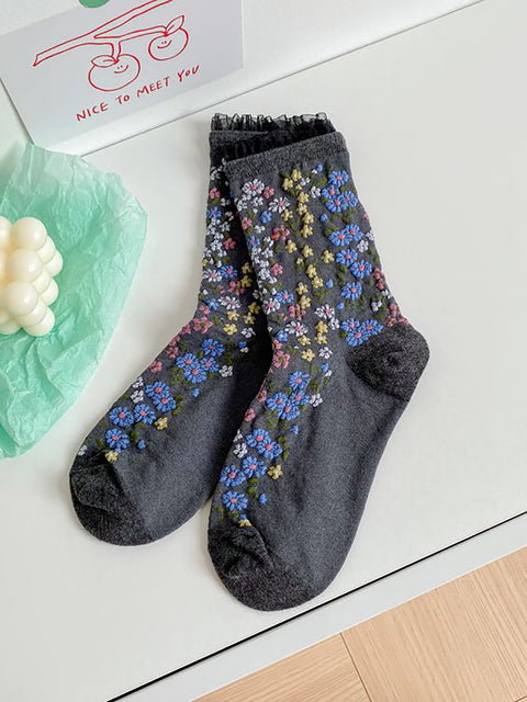 5 Pairs Women Vintage Floral Lacework Socks