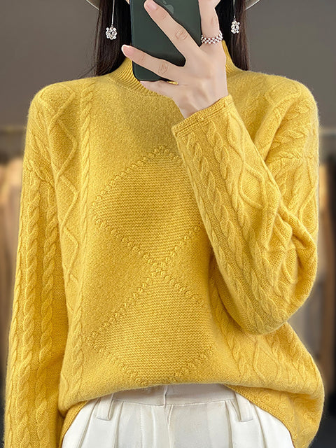 Women Autumn Half Turtleneck Twist Knit 100%Wool Sweater