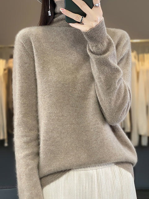 Women Autumn Turtleneck Knit 100%Wool Soft Sweater