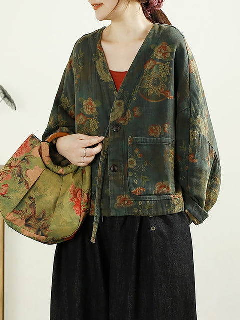 Women Autumn Vintage Flower V-Neck Cotton Coat