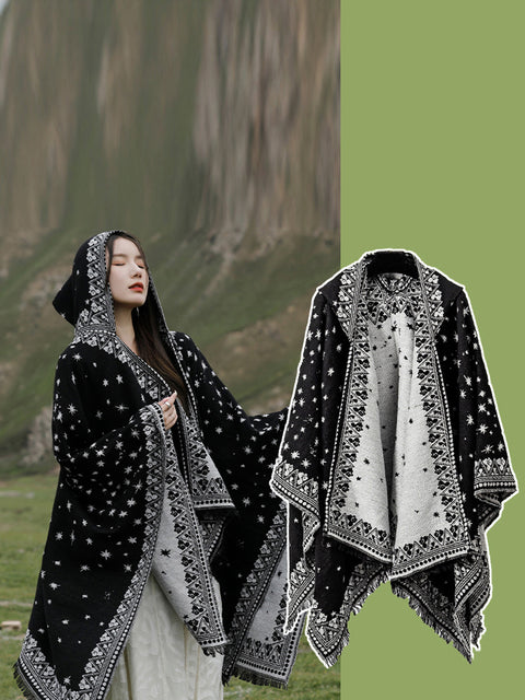 Women Ethnic Star Print Hooded Scarf Shawl