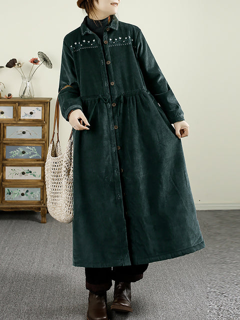 Women Autumn Embroidery Corduroy Fleece-lined Long Coat