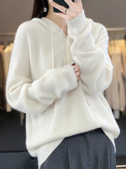 Women Autumn Soft Solid Knit 100%Wool Hooded Sweater