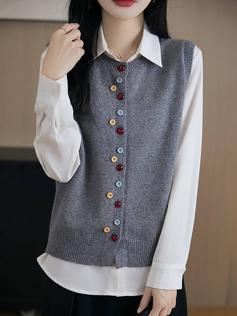 Women Spring Casual O-Neck Colorful Button Knit Vest