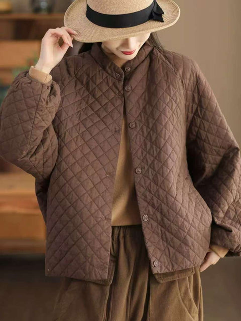 Women Vintage Autumn Rhomboids Buckle Cotton Long Coat