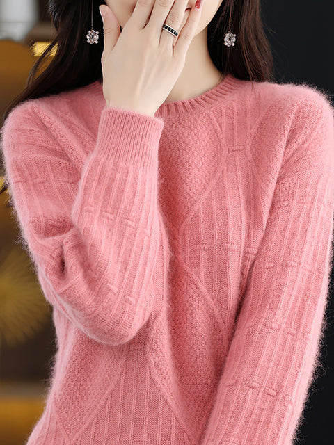 Women Autumn O-Neck Rhomboid 100%Wool Soft Sweater